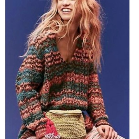 Free People unique loose knit deep V-neck sweater - Picture 2 of 11